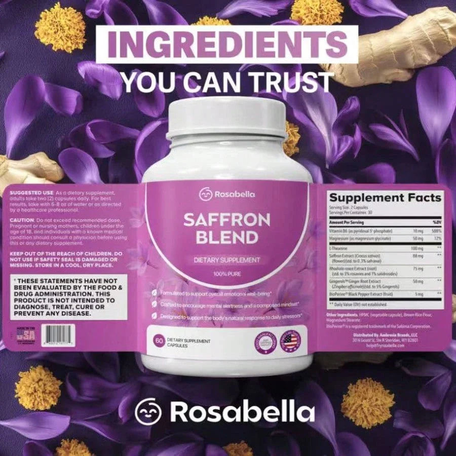 Rosabella Saffron Supplement [88mg] For Mental Clarity, Digestion, Positive Mood & Blue Light Eye Health - Vegan For Women