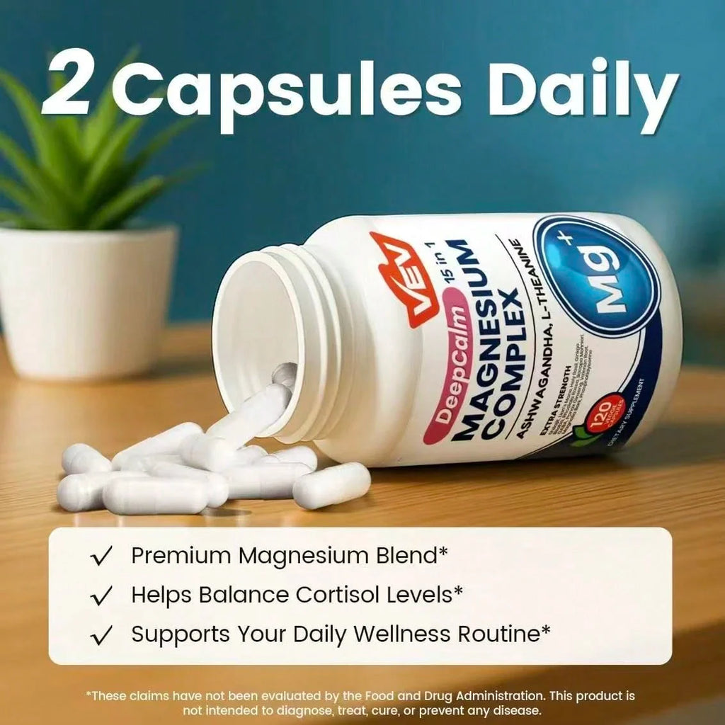 VEV Natural Edible Magnesium Supplement,15-In-1 With Magnesium Glvcinate , Ashwagandha ,L - Theanine ,Healthcare Dietary (120 Capsules) Vitamin Fitness