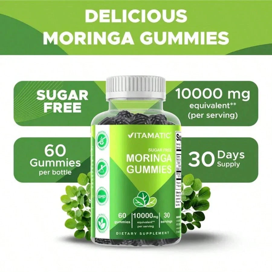 Vitamatic Sugar-Free Moringa Gummies - 10000 Mg Per Serving - 60 Pectin-Based Gummies - Essential Minerals Supplement - Clean Fitness - Multicolor Flavors - Non-GMO & Gluten-Free - Natural & Vegan, For Men, For Women