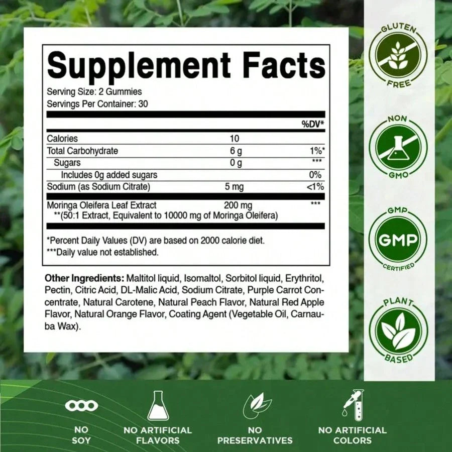 Vitamatic Sugar-Free Moringa Gummies - 10000 Mg Per Serving - 60 Pectin-Based Gummies - Essential Minerals Supplement - Clean Fitness - Multicolor Flavors - Non-GMO & Gluten-Free - Natural & Vegan, For Men, For Women
