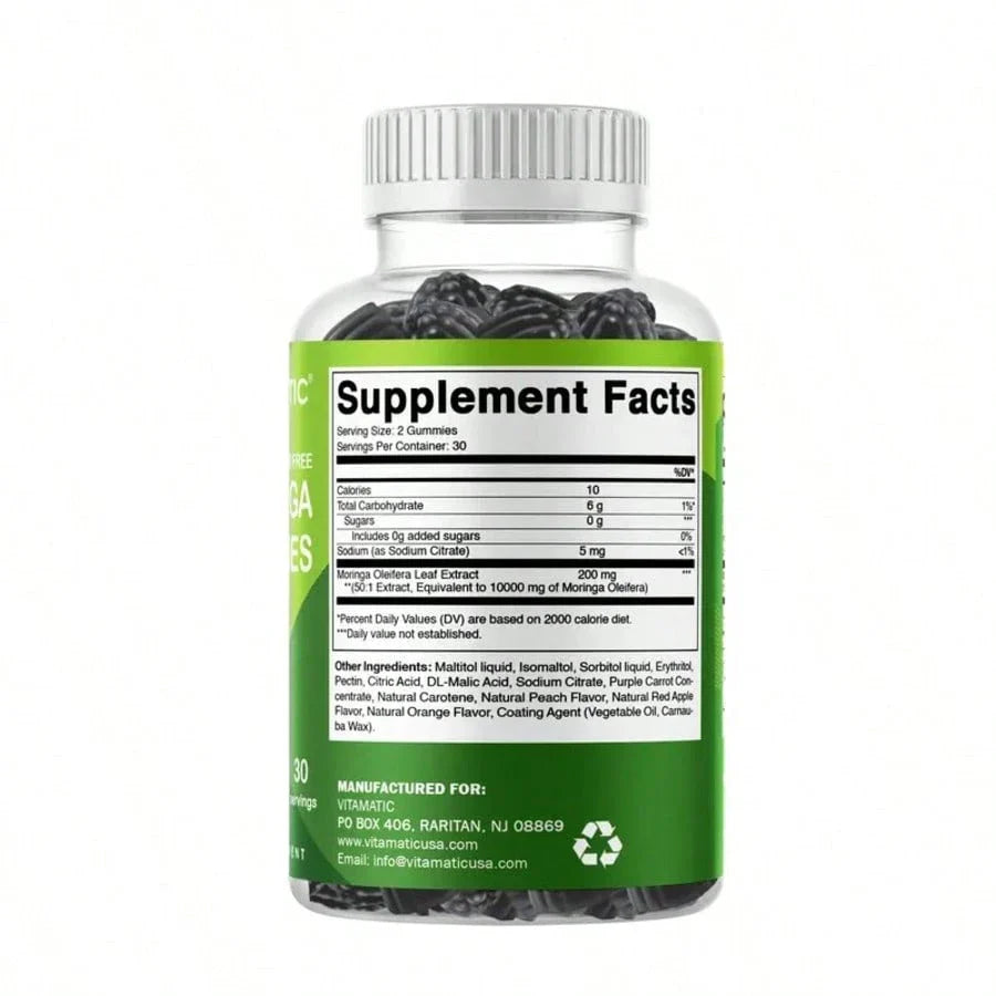 Vitamatic Sugar-Free Moringa Gummies - 10000 Mg Per Serving - 60 Pectin-Based Gummies - Essential Minerals Supplement - Clean Fitness - Multicolor Flavors - Non-GMO & Gluten-Free - Natural & Vegan, For Men, For Women